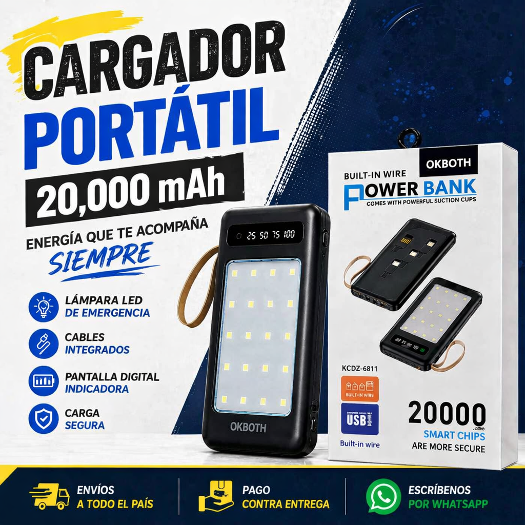 CARGADOR PORTATIL DE 20,000mah Y LINTERNA LED INCLUIDA